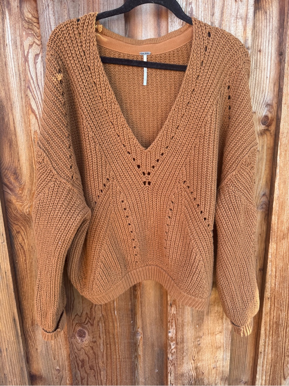 Free People V-Neck Chunky Knit Sweater in Caramel Brown